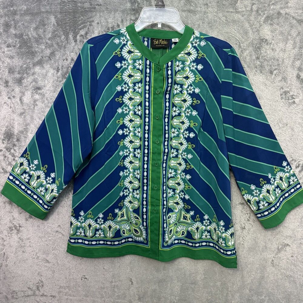 Bob Mackie Wearable Art Womens M Blouse Top Multicolor Floral Blue Green